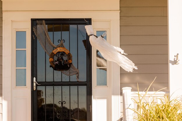 Residential house decorated for Halloween holiday.