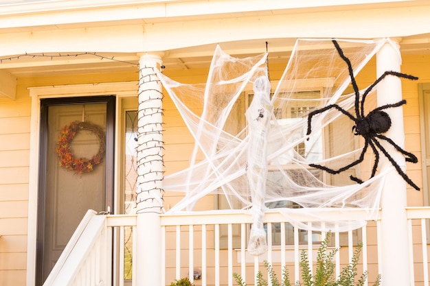 Residential house decorated for Halloween holiday.