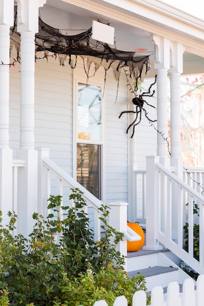 Residential house decorated for Halloween holiday.