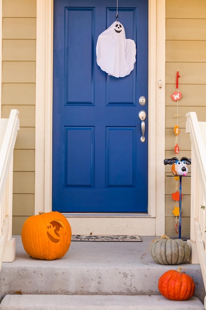 Residential house decorated for Halloween holiday.