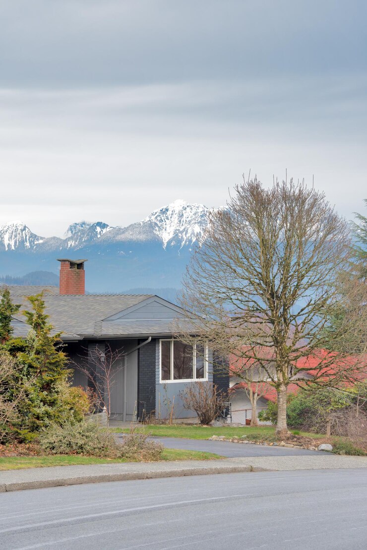 Residential house on winter season with mountain view on the background