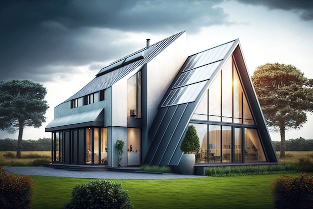 Residential house with modern aluminium windows and solar panels generative ai