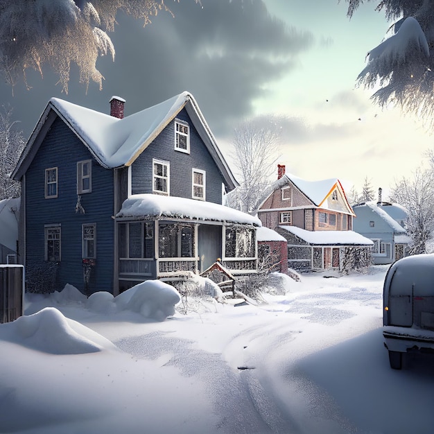 Residential houses full covered in snow Generative Ai