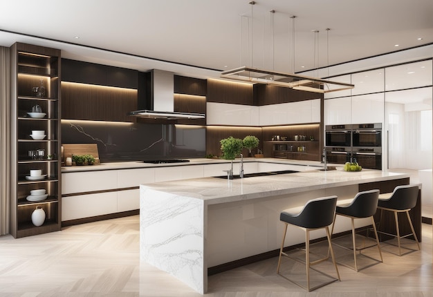 Residential interior of modern kitchen in luxury mansion 3d rendering