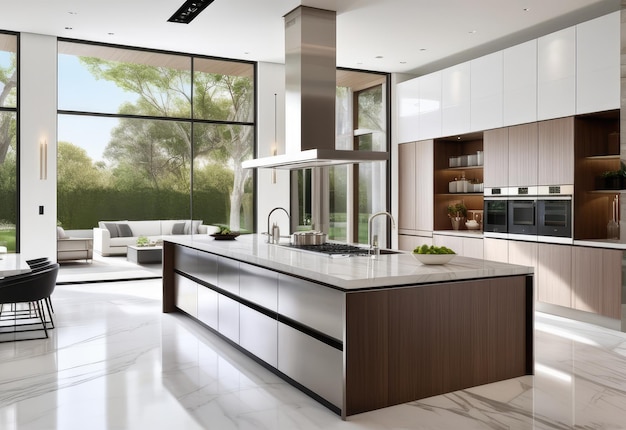 Residential interior of modern kitchen in luxury mansion 3d rendering