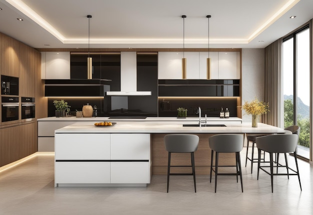 Residential interior of modern kitchen in luxury mansion 3d rendering