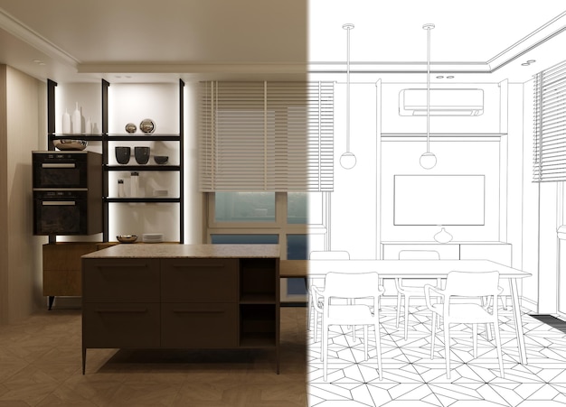 Visualizzazione interna residenziale, illustrazione 3d