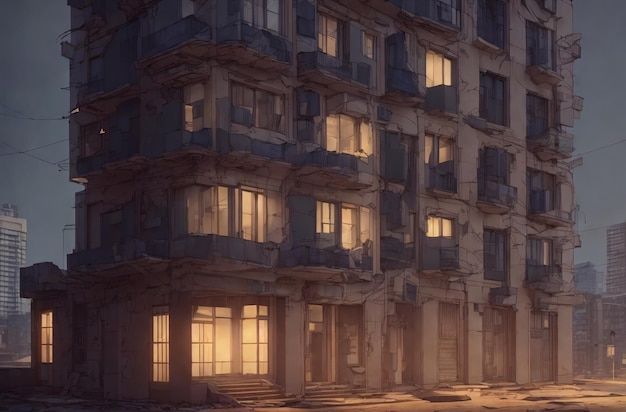 추상적인 스타일의 주거용 다층 건물 밤에 도시 거리에 거주하는 고층 Generative AI