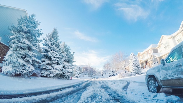 Residential neighborhood after Spring snow storm.