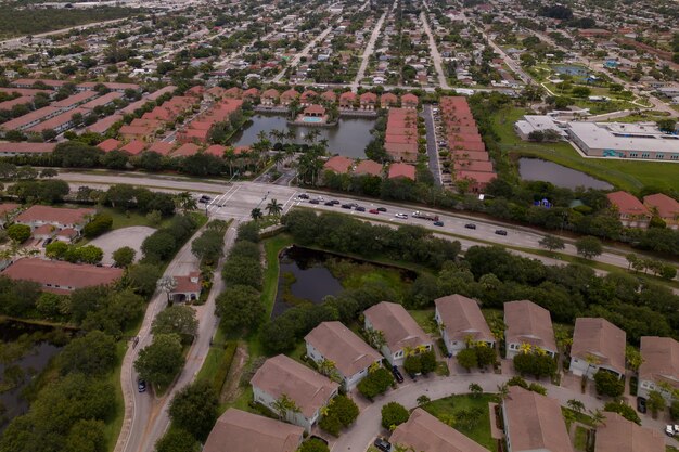 A residential neighborhood is seen from the air.