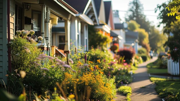 Photo residential street with blooming gardens at sunset