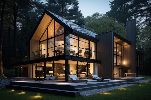 residential suburban house with Aframe architecture and with large windows