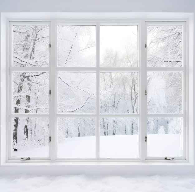 A residential window framed by a serene landscape of snowcovered surroundings and towering trees