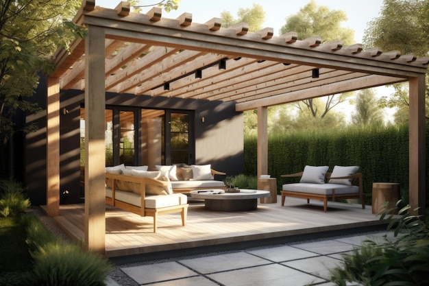 Residentieel terras zomer buitentafel met pergola ai generatief