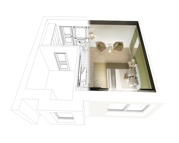 residentiële interieurvisualisatie, 3D-afbeelding