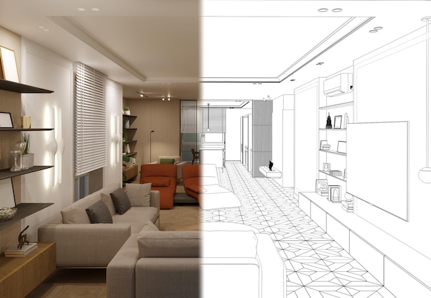 residentiële interieurvisualisatie, 3D-afbeelding