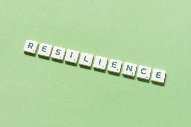 Resilience formed of scrabble tiles on green background