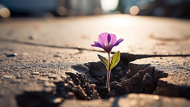 Una fioritura resistente da vicino di un fiore che si spinge attraverso