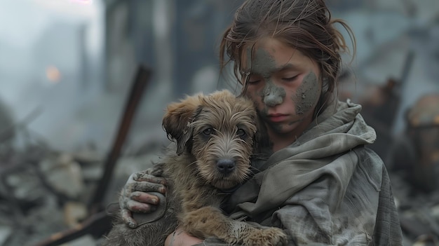 A resilient child girl finds solace in a tender embrace with a loyal dog at the war zone