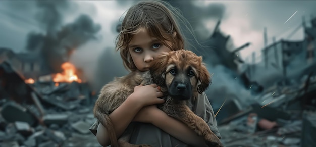 A resilient child girl finds solace in a tender embrace with a loyal dog at the war zone