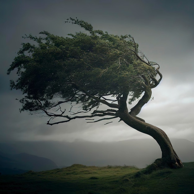 Фото Устойчивое одинокое дерево сгибается на ветру