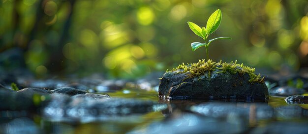 Photo resilient plant sprouts from rock in stream