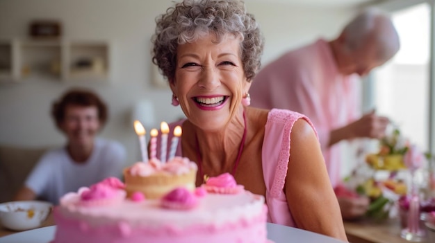 頑丈 な 女性 は,ピンク の ケーキ で 乳がん を 征服 し て もう 一 年 を 祝っ て い ます