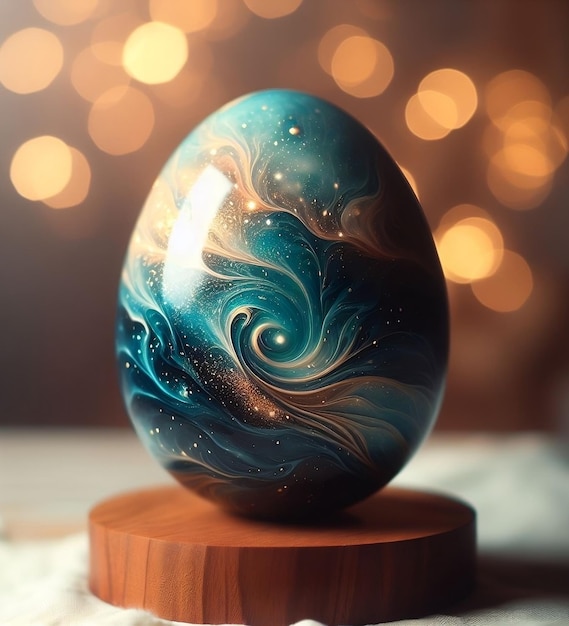 A resin egg on a piece of wood