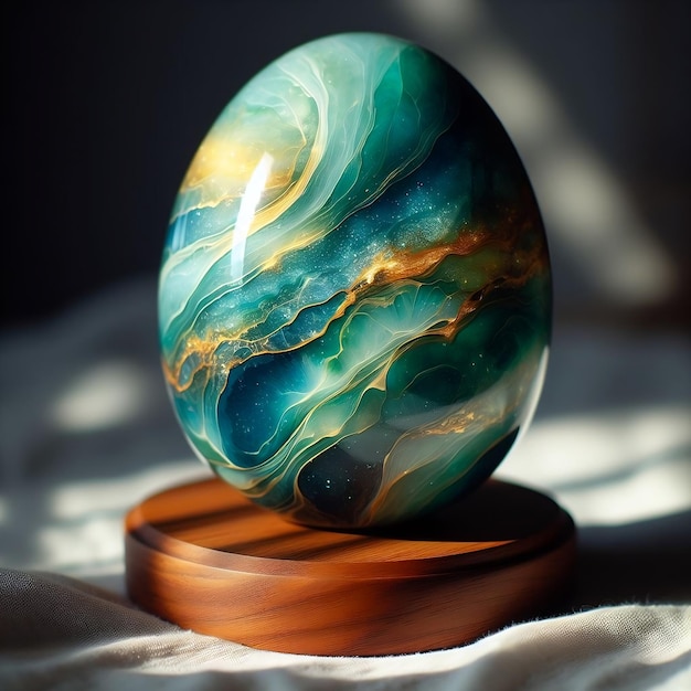 A resin egg on a piece of wood