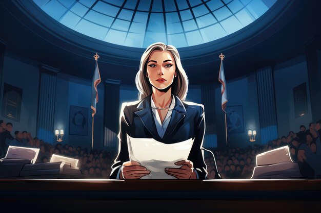 The Resolute Female Attorney Mastering the Podium in the Legal Trial Courtroom