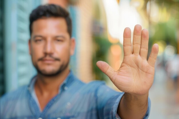 Photo a resolute latino man demonstrates a stop symbol extending his open palm