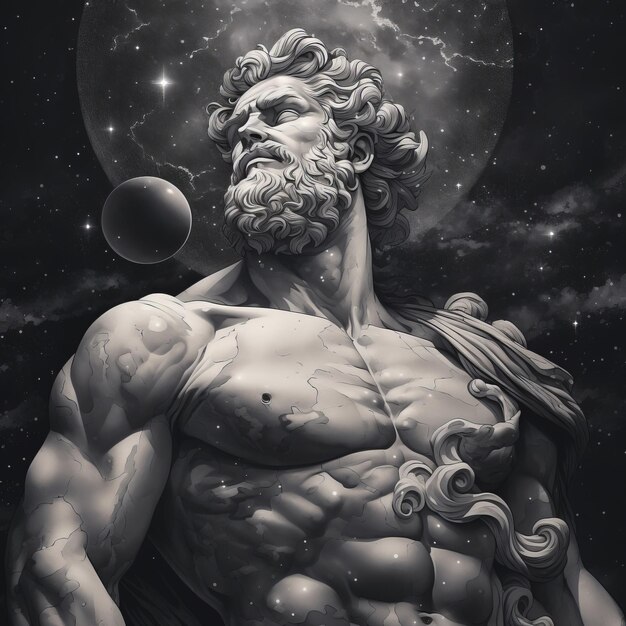 Photo resolute silence pencil drawing of a stoic statue amidst inky black clouds and sparkling stars