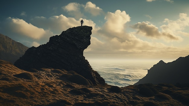 Resolute Solitude Figure on Windswept Cliff