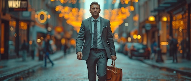 Photo resolved businessman with a backpack prepared to begin strolling