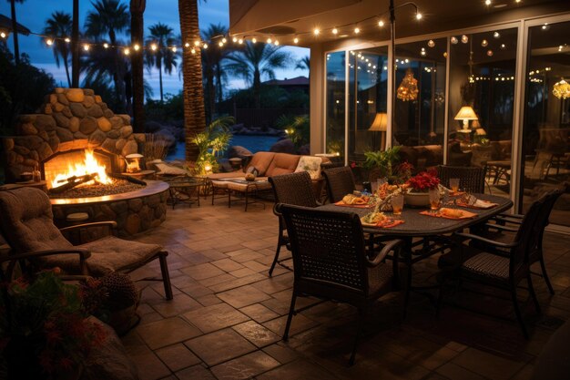 resort hotel with patio and fireplace tropical background at midnight inspiration ideas