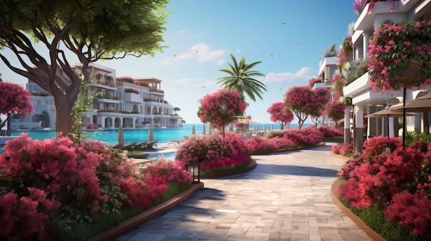 Resort promenade with blooming colorful