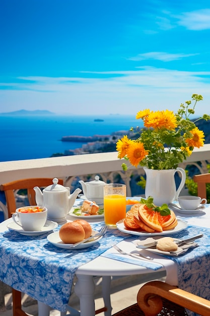 Resort table with fir tree overlooking the sea Generative AI Spa