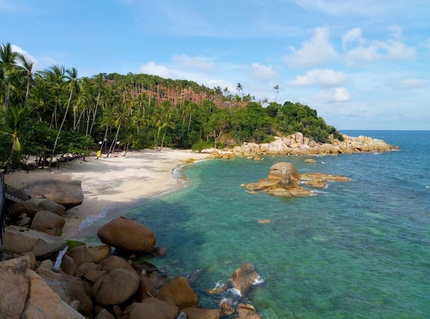 Resort on a tropical island in the ocean. Palm trees on the beach. Clear water. Dream vacation.