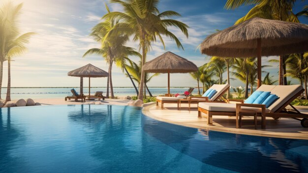 Resortzwembad aan het strand met ligstoelen en parasols