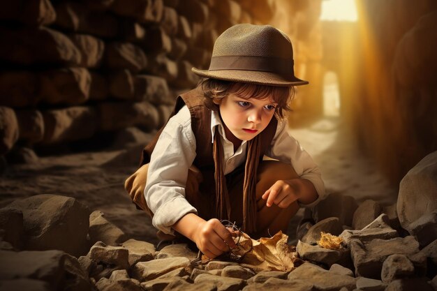 Photo resourceful archaeologist child boy generate ai