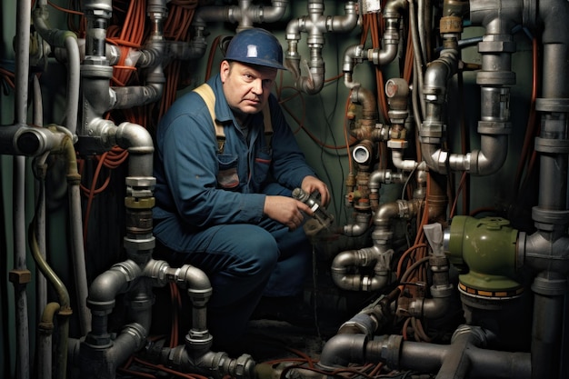 Resourceful Plumber man pipes basement Generate Ai