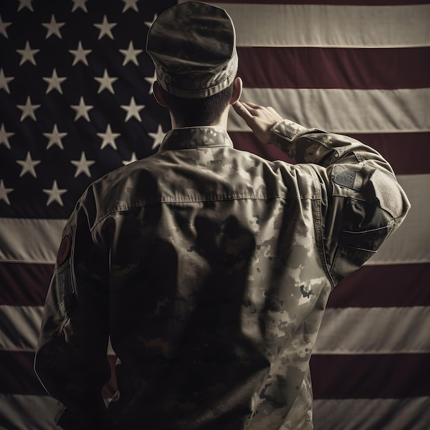 Respect en eer Een boeiende foto van achteraanzicht van militairen die de vlag van de VS groeten als eerbetoon