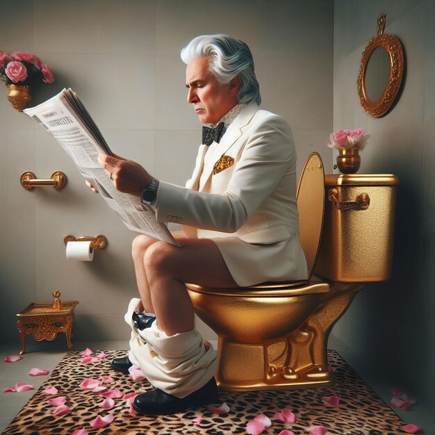 A respectable man sits on a golden toilet and reads a newspaper Luxury concept