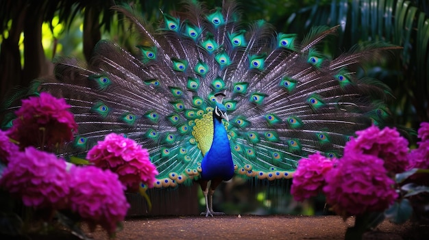 A resplendent peacock displaying its vibrant plumage in a lush botanical garden