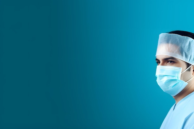 Photo responsible protection young man in side portrait with medical mask