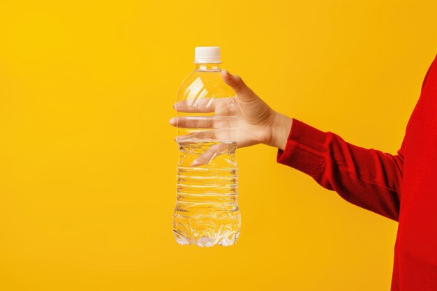 Responsible woman holding plastic water bottle on yellow background