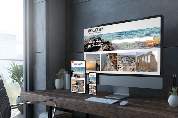 Responsieve desktopapparaten 3D-rendering met reiswebsite