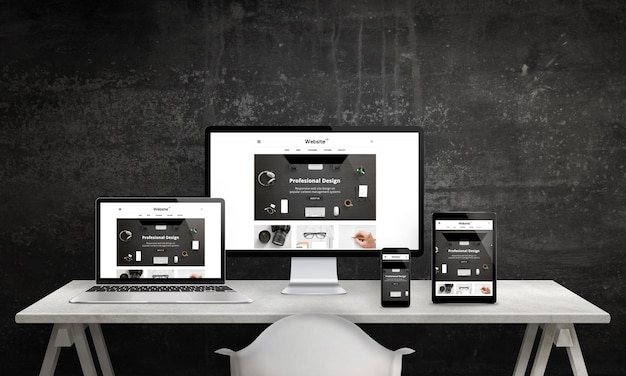 Responsieve websitepromotie op computerscherm laptop tablet en smartphone Modern schoon webdesign Wit bureau met apparaten zwarte muur op achtergrond