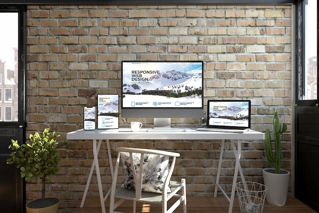 Responsive devices on a desktop showing web design 3d rendering