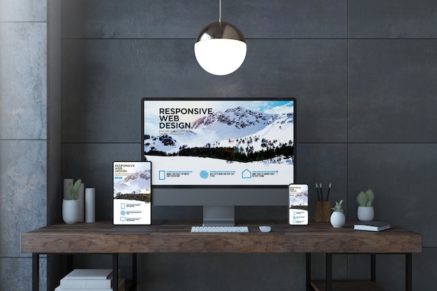 Responsive devices on elegant desktop with website 3d rendering